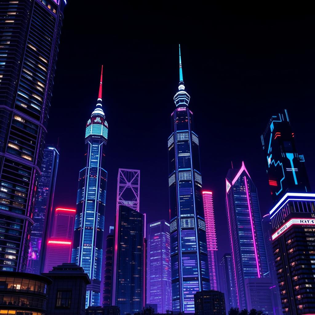 A macro flat colored closeup of a futuristic city at night, featuring towering skyscrapers illuminated by vibrant neon lights in shades of blue, red, and purple, contrasting sharply with the dark sky