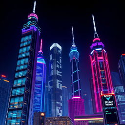 A macro flat colored closeup of a futuristic city at night, featuring towering skyscrapers illuminated by vibrant neon lights in shades of blue, red, and purple, contrasting sharply with the dark sky