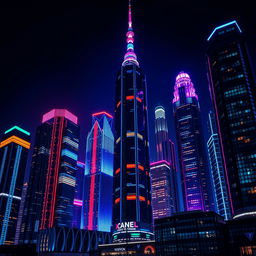 A macro flat colored closeup of a futuristic city at night, featuring towering skyscrapers illuminated by vibrant neon lights in shades of blue, red, and purple, contrasting sharply with the dark sky