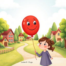 A charming and whimsical illustration for a children's book cover, depicting a red balloon with expressive eyes and a gentle smile, being held by a young girl around 7-8 years old