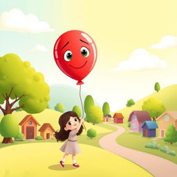 A charming and whimsical illustration for a children's book cover, depicting a red balloon with expressive eyes and a gentle smile, being held by a young girl around 7-8 years old