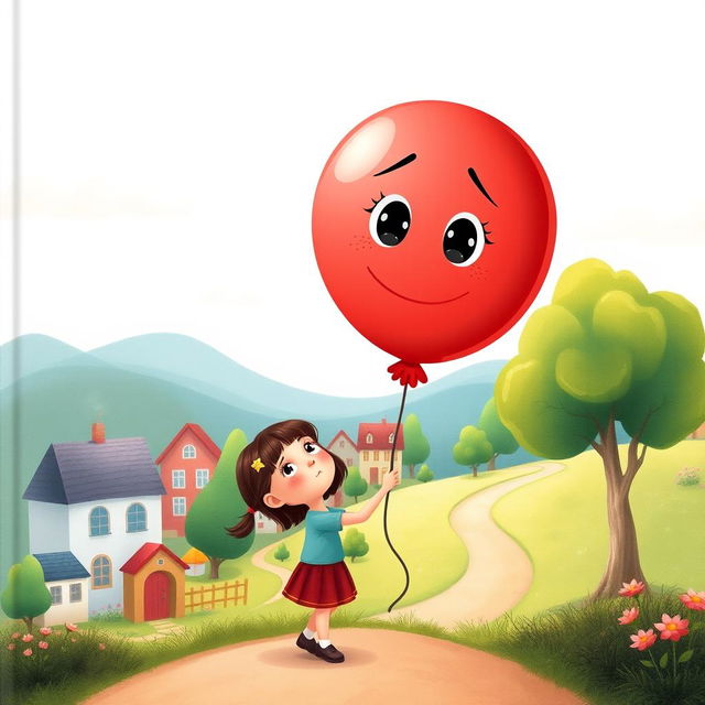 A charming and whimsical illustration for a children's book cover, depicting a red balloon with expressive eyes and a gentle smile, being held by a young girl around 7-8 years old