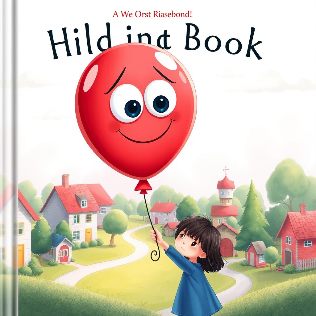 A charming and whimsical illustration for a children's book cover, depicting a red balloon with expressive eyes and a gentle smile, being held by a young girl around 7-8 years old