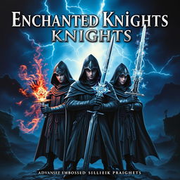 A book cover titled 'ENCHANTED KNIGHTS', showcasing three brave knights in advanced stunning black hooded attire, designed with intricate detail