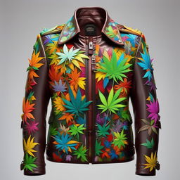 A more formal, tactile leather jacket with the vibrant, hallucinatory art of Takashi Murakami. The design focuses on a detailed, exquisitely rendered marijuana leaf graphic.