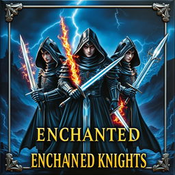 A book cover titled 'ENCHANTED KNIGHTS', showcasing three brave knights in advanced stunning black hooded attire, designed with intricate detail