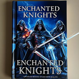 A book cover titled 'ENCHANTED KNIGHTS', showcasing three brave knights in advanced stunning black hooded attire, designed with intricate detail