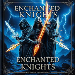 A book cover titled 'ENCHANTED KNIGHTS', showcasing three brave knights in advanced stunning black hooded attire, designed with intricate detail