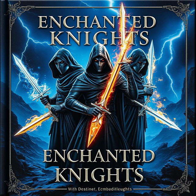 A book cover titled 'ENCHANTED KNIGHTS', showcasing three brave knights in advanced stunning black hooded attire, designed with intricate detail