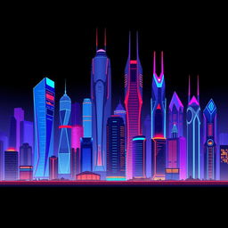 A flat colored illustration of a futuristic city at night, showcasing towering skyscrapers illuminated with vivid blue, red, and purple hues