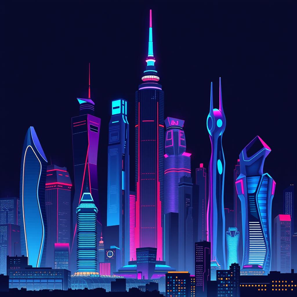 A flat colored illustration of a futuristic city at night, showcasing towering skyscrapers illuminated with vivid blue, red, and purple hues