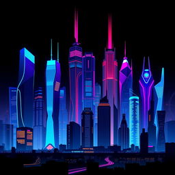 A flat colored illustration of a futuristic city at night, showcasing towering skyscrapers illuminated with vivid blue, red, and purple hues