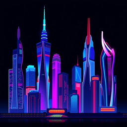 A flat colored illustration of a futuristic city at night, showcasing towering skyscrapers illuminated with vivid blue, red, and purple hues