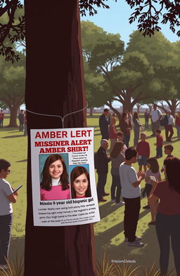 An urgent scene depicting a concerned community in a park during daytime, with people gathering and looking worried