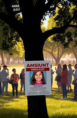 An urgent scene depicting a concerned community in a park during daytime, with people gathering and looking worried