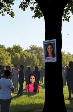 An urgent scene depicting a concerned community in a park during daytime, with people gathering and looking worried