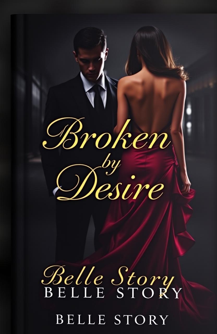 A dramatic and moody book cover featuring a mysterious man in a sharp suit and an elegant woman in a stunning, flowing dress