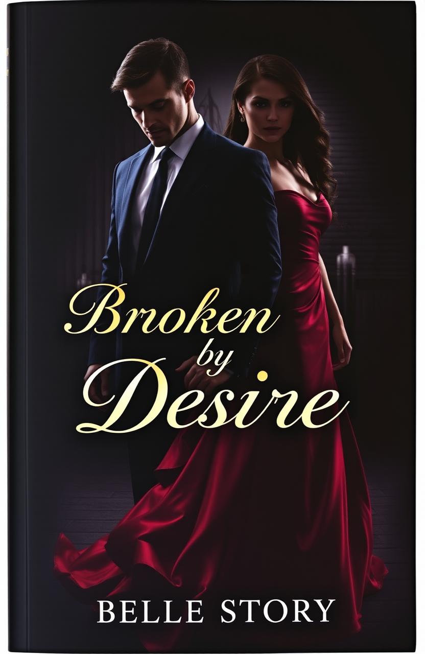 A dramatic and moody book cover featuring a mysterious man in a sharp suit and an elegant woman in a stunning, flowing dress