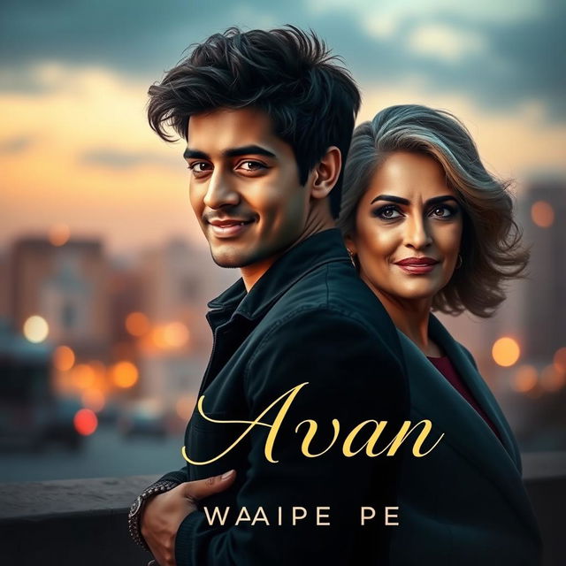 A captivating novel cover design for the book titled 'Aavan' by Waipee Pe, featuring a young man and an older woman in an intriguing and romantic scenario