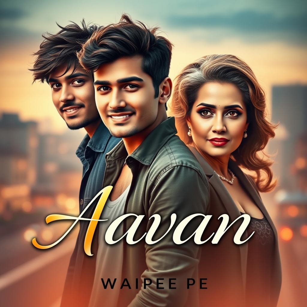 A captivating novel cover design for the book titled 'Aavan' by Waipee Pe, featuring a young man and an older woman in an intriguing and romantic scenario