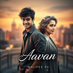 A captivating novel cover design for the book titled 'Aavan' by Waipee Pe, featuring a young man and an older woman in an intriguing and romantic scenario