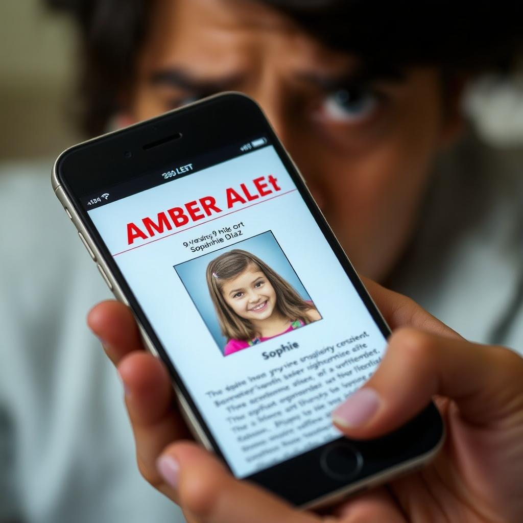 A close-up scene of a smartphone held in a person's hand, displaying an Amber Alert for a missing 9-year-old Hispanic girl named Sophie Diaz