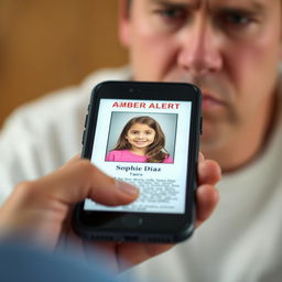 A close-up scene of a smartphone held in a person's hand, displaying an Amber Alert for a missing 9-year-old Hispanic girl named Sophie Diaz