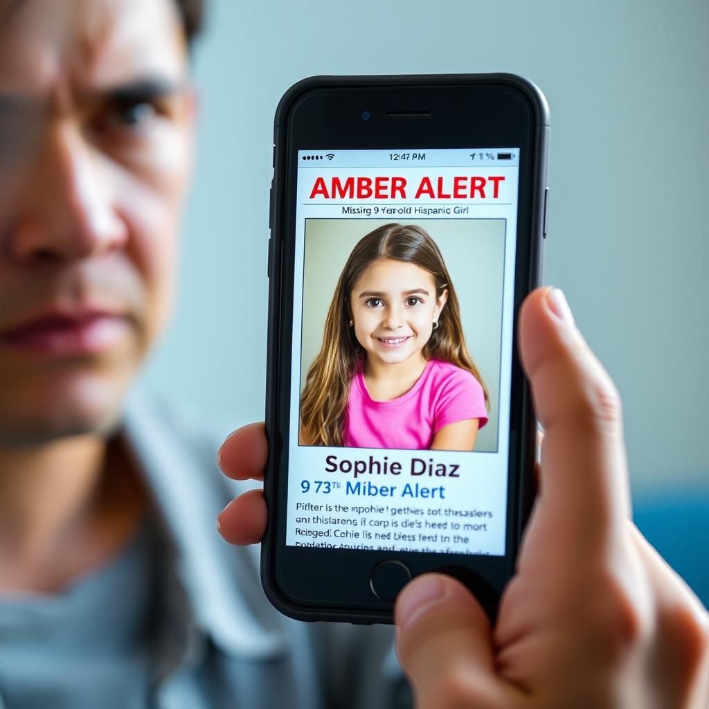 A close-up scene of a smartphone held in a person's hand, displaying an Amber Alert for a missing 9-year-old Hispanic girl named Sophie Diaz