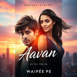 A striking novel cover for 'Aavan' by Waipee Pe, featuring a handsome 23-year-old man and an elegant 30-year-old woman, showcasing their intriguing chemistry