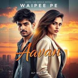 A striking novel cover for 'Aavan' by Waipee Pe, featuring a handsome 23-year-old man and an elegant 30-year-old woman, showcasing their intriguing chemistry