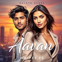 A striking novel cover for 'Aavan' by Waipee Pe, featuring a handsome 23-year-old man and an elegant 30-year-old woman, showcasing their intriguing chemistry