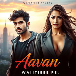 A striking novel cover for 'Aavan' by Waipee Pe, featuring a handsome 23-year-old man and an elegant 30-year-old woman, showcasing their intriguing chemistry