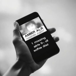 A dramatic black and white image of a smartphone prominently displaying an Amber Alert for a missing 9-year-old Hispanic girl named Sophie Diaz