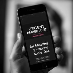 A dramatic black and white image of a smartphone prominently displaying an Amber Alert for a missing 9-year-old Hispanic girl named Sophie Diaz