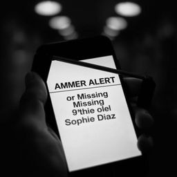 A dramatic black and white image of a smartphone prominently displaying an Amber Alert for a missing 9-year-old Hispanic girl named Sophie Diaz