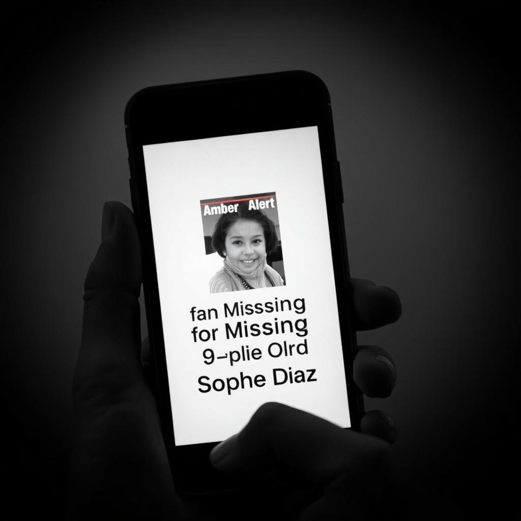 A dramatic black and white image of a smartphone prominently displaying an Amber Alert for a missing 9-year-old Hispanic girl named Sophie Diaz