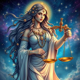 A stunning depiction of the Libra goddess, symbolizing balance and harmony, adorned with intricate jewelry, flowing robes, and holding a beautifully embellished set of scales