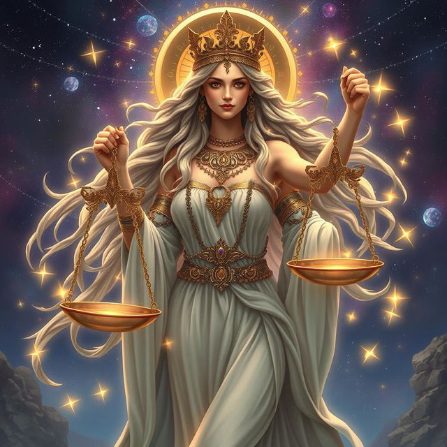 A stunning depiction of the Libra goddess, symbolizing balance and harmony, adorned with intricate jewelry, flowing robes, and holding a beautifully embellished set of scales