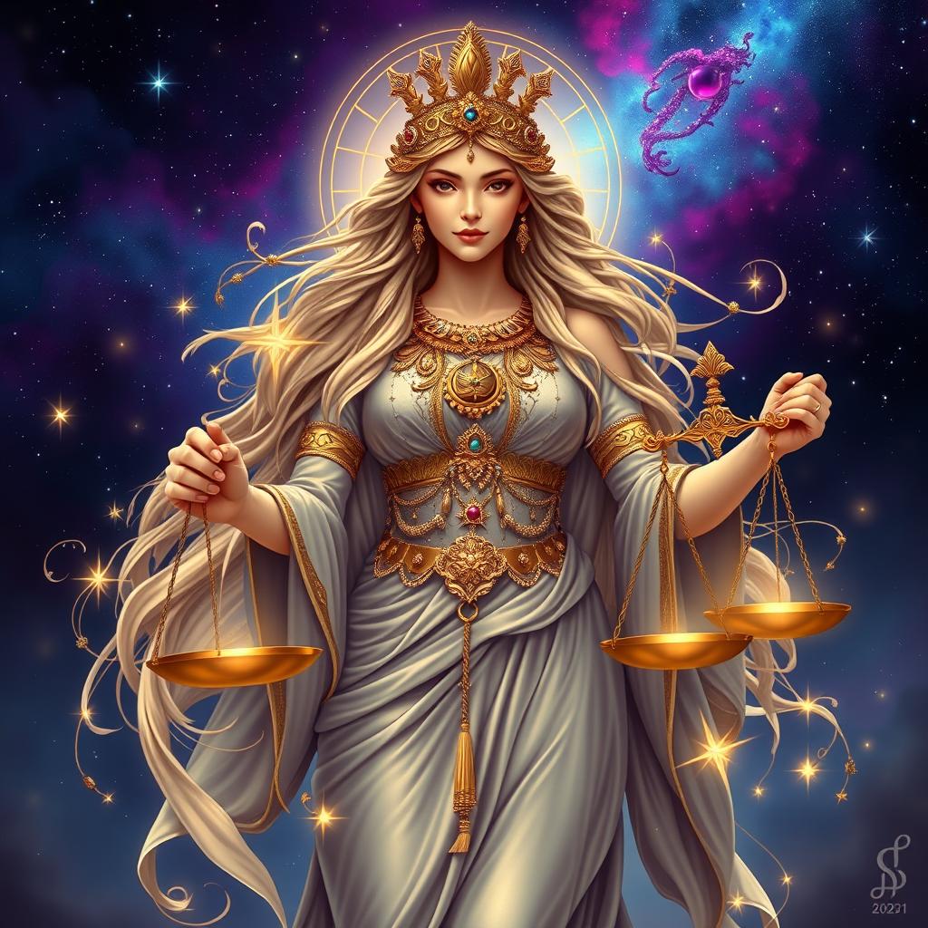 A stunning depiction of the Libra goddess, symbolizing balance and harmony, adorned with intricate jewelry, flowing robes, and holding a beautifully embellished set of scales