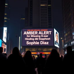 A dramatic cityscape at night featuring a massive digital billboard prominently displaying an Amber Alert for a missing 9-year-old Hispanic girl named Sophie Diaz