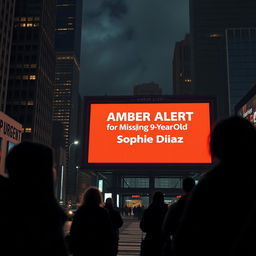 A dramatic cityscape at night featuring a massive digital billboard prominently displaying an Amber Alert for a missing 9-year-old Hispanic girl named Sophie Diaz