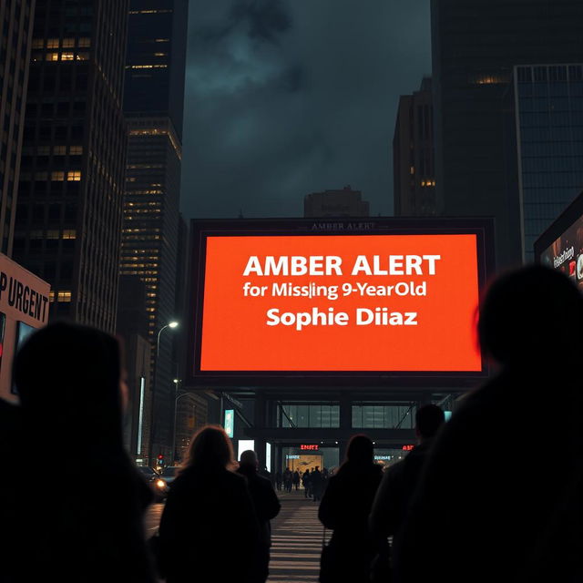 A dramatic cityscape at night featuring a massive digital billboard prominently displaying an Amber Alert for a missing 9-year-old Hispanic girl named Sophie Diaz