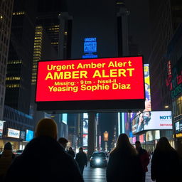 A dramatic cityscape at night featuring a massive digital billboard prominently displaying an Amber Alert for a missing 9-year-old Hispanic girl named Sophie Diaz