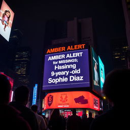 A dramatic cityscape at night featuring a massive digital billboard prominently displaying an Amber Alert for a missing 9-year-old Hispanic girl named Sophie Diaz