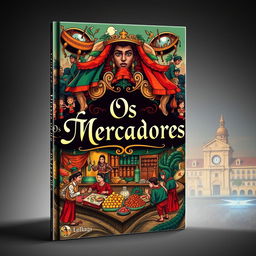 A visually captivating book cover for 'Os Mercadores', showcasing a stylized illustration that embodies the themes of trade and adventure