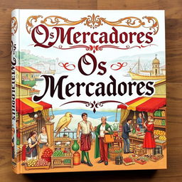 A visually captivating book cover for 'Os Mercadores', showcasing a stylized illustration that embodies the themes of trade and adventure