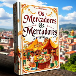 A visually captivating book cover for 'Os Mercadores', showcasing a stylized illustration that embodies the themes of trade and adventure