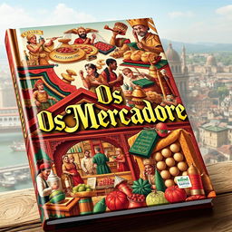 A visually captivating book cover for 'Os Mercadores', showcasing a stylized illustration that embodies the themes of trade and adventure