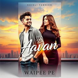 An eye-catching cover design for the novel 'Aavan' by Waipee Pe, prominently featuring a 23-year-old man with a confident smile and short, trendy hair, dressed in a modern casual outfit
