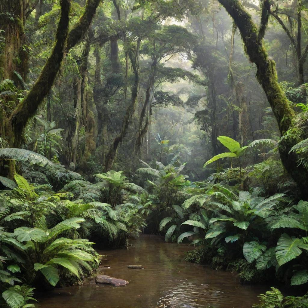 A lush and vibrant tropical rainforest, filled with multi-layered canopies of verdant trees, teeming with diverse wildlife, and crisscrossed by clear, flowing rivers.